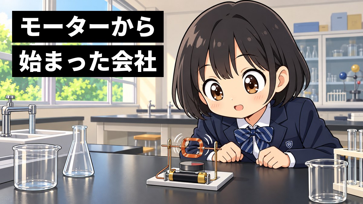中学校の理科室で、制服の女子中学生が、電池とコイルで作った手作りのモーターが回り出すのを、目を輝かせて夢中で見つめている。「モーターから始まった会社」の文字。
