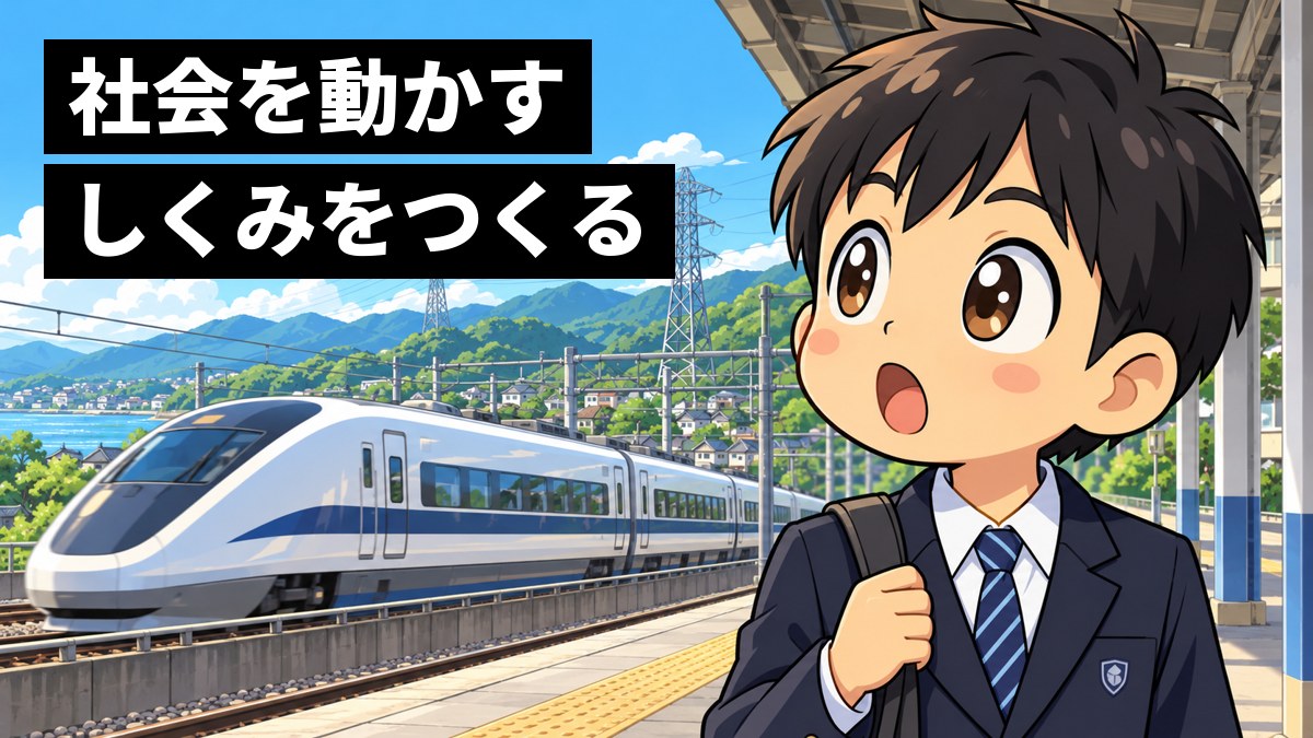 制服の男子中学生が、駅のホームで、通り過ぎる白い特急電車と、遠くの山に続く高い送電線の鉄塔を見上げ、目を丸くして驚いている。「社会を動かすしくみをつくる」の文字。