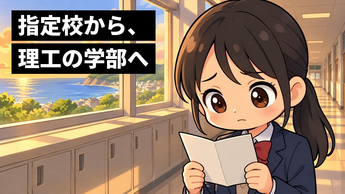 夕方の高校の廊下の窓辺で、ブレザーの女子高校生が成績表を両手で持ち、少し不安げに唇を結んで見つめている。「指定校から、理工の学部へ」の文字。