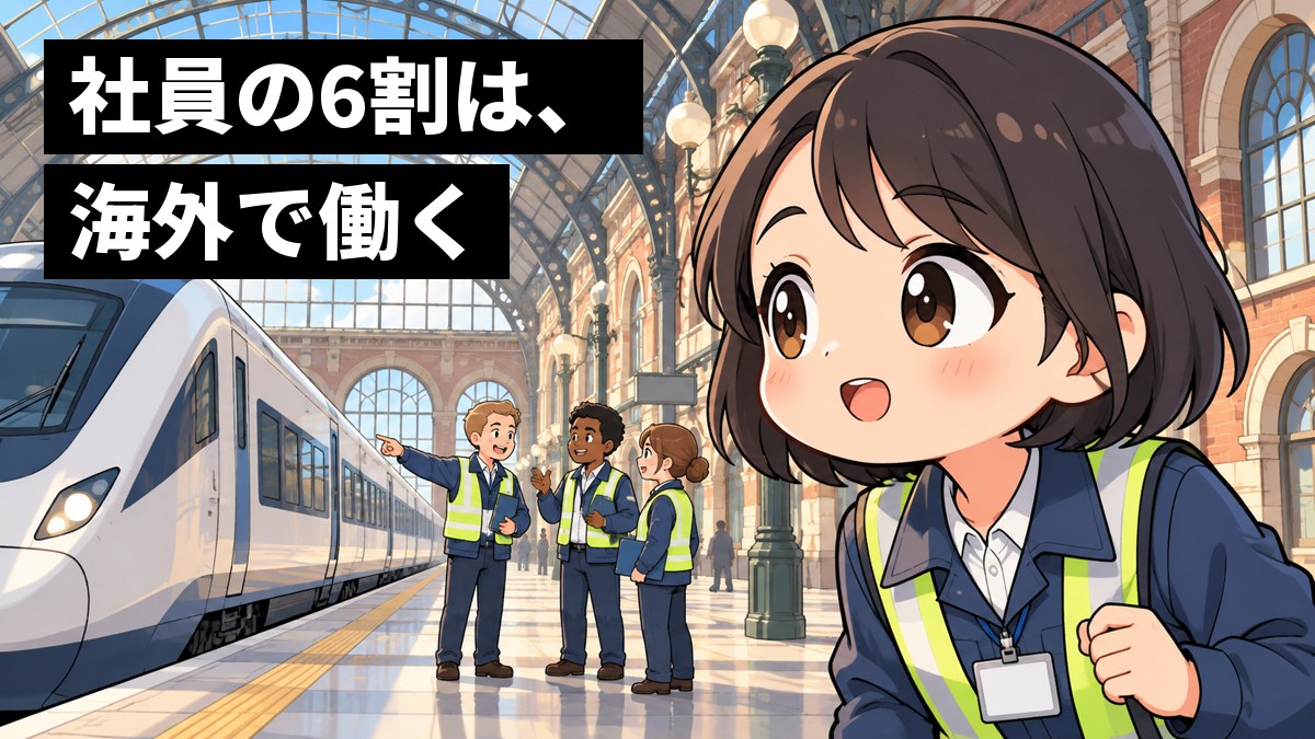 ヨーロッパの大きな駅のホームで、作業着の若い日本人の女性技術者が、外国人の仲間たちと並んで、新しい特急電車を前に目を輝かせている。「社員の6割は、海外で働く」の文字。