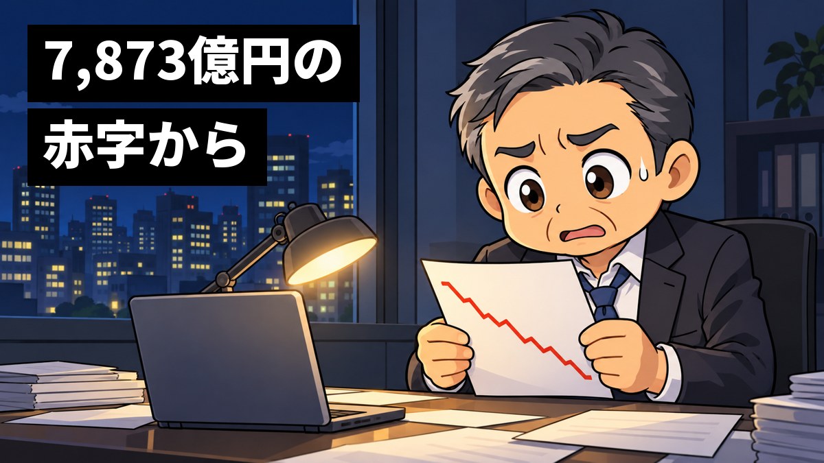 夜の会社の会議室で、スーツ姿の中年の男性社員が、大きく下がった赤い折れ線グラフの紙を両手で持ち、眉を寄せてぼう然と見つめている。「7,873億円の赤字から」の文字。