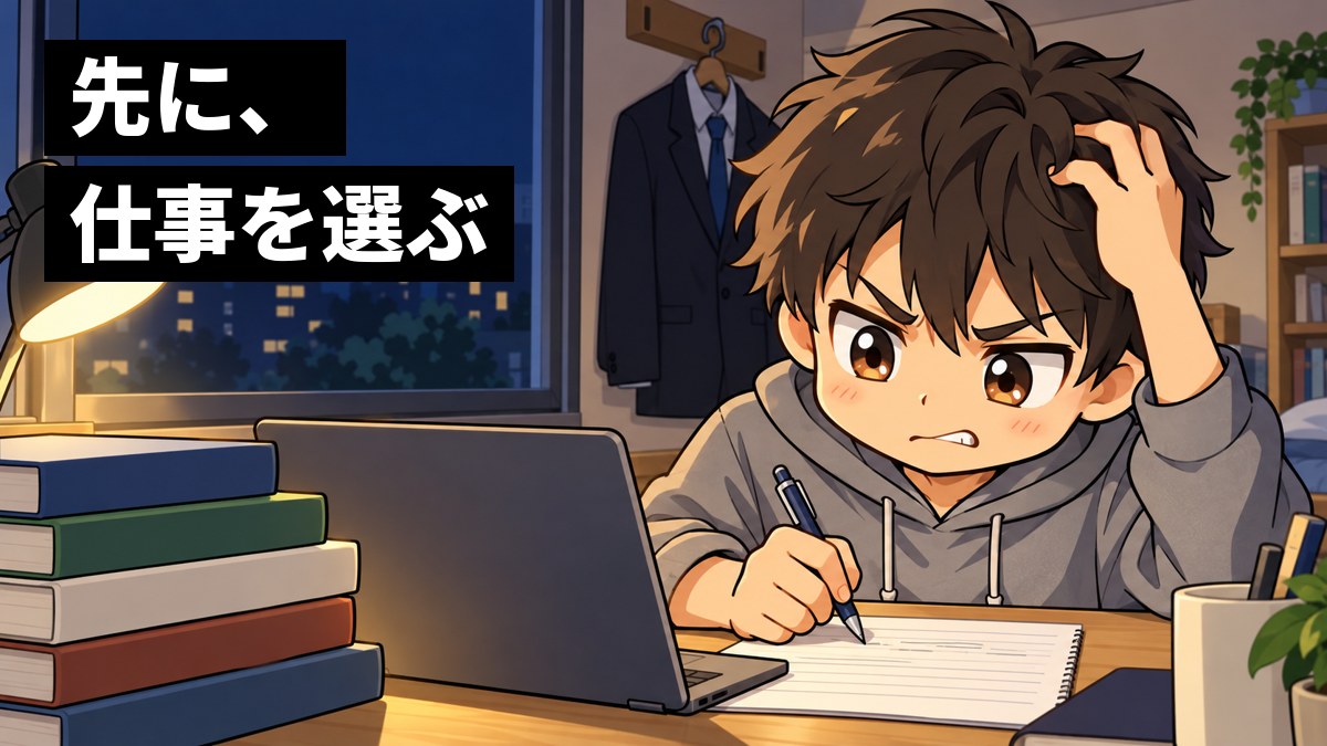 夜のアパートの部屋で、就職活動中の大学生の男性が、机の上の書きかけの紙を前にペンを握り、うまく言葉にできず悔しそうに唇をかんでいる。「先に、仕事を選ぶ」の文字。