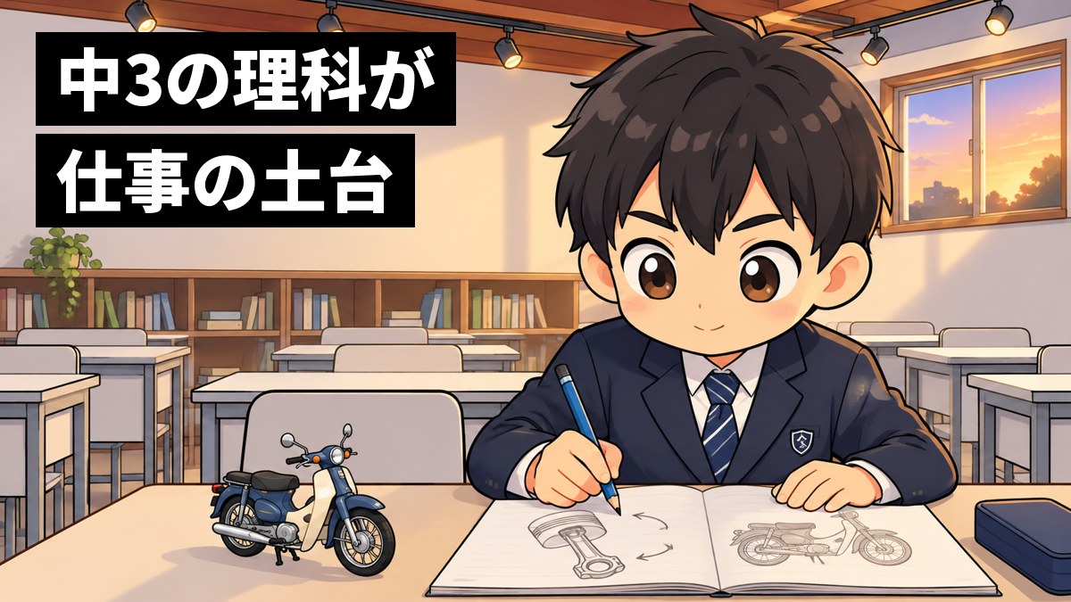 塾の教室で、制服の男子中学生が、ノートにエンジンやバイクの絵と矢印を描きながら、ひらめいたように夢中で書き込んでいる。「中3の理科が仕事の土台」の文字。