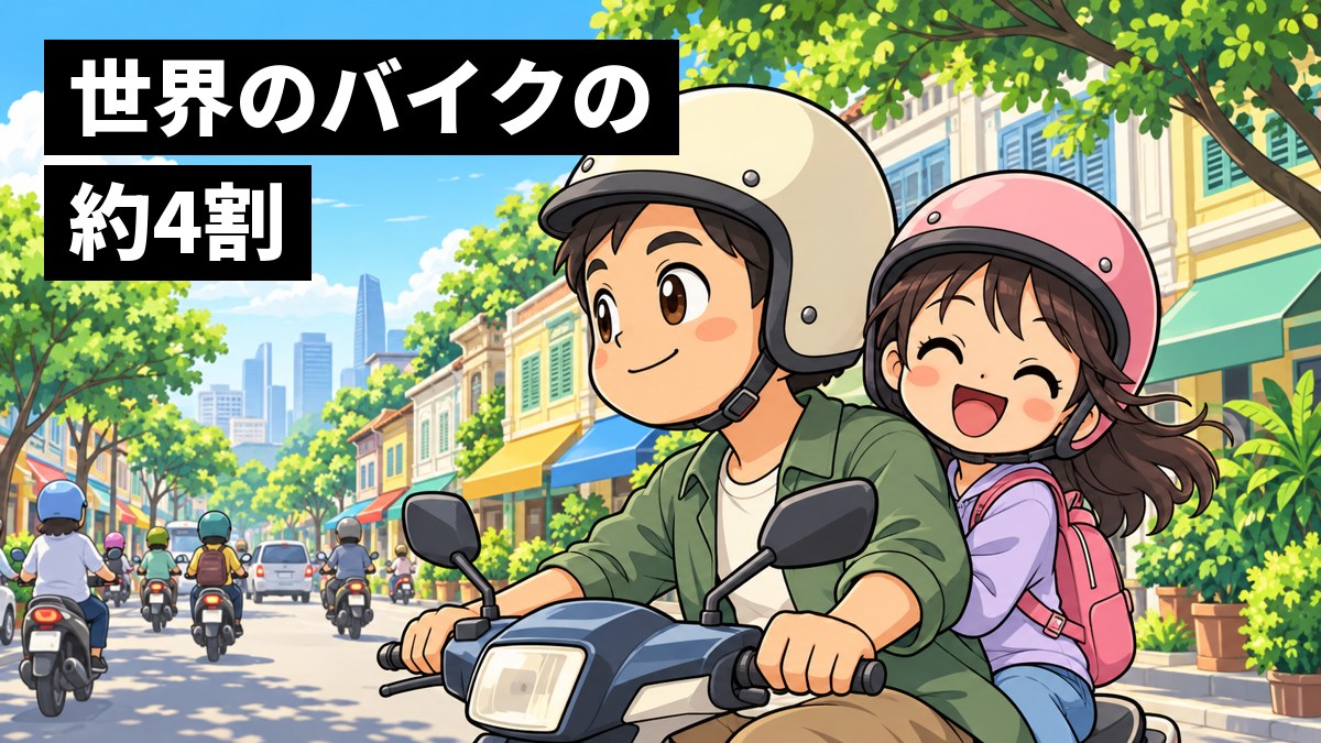 東南アジアのにぎやかな朝の通りで、家族が1台の小さなバイクに乗り、後ろに乗った女の子が振り返って明るく笑っている。まわりにもたくさんのバイク。「世界のバイクの約4割」の文字。