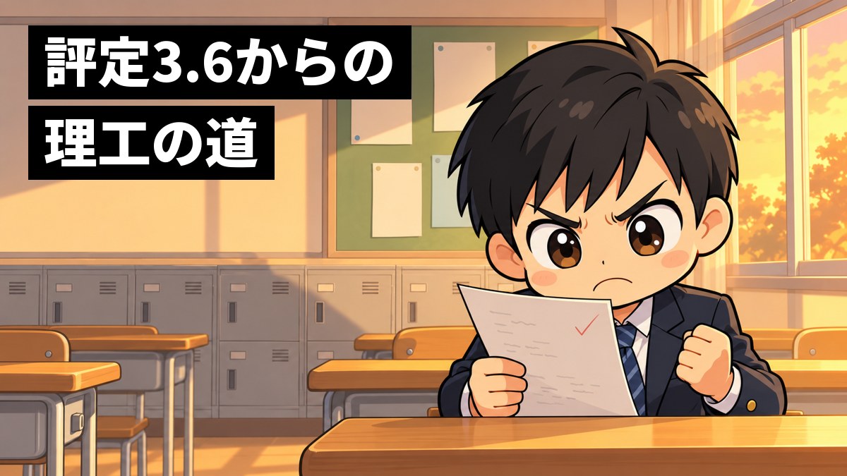 夕方の高校の教室の後ろの席で、男子高校生が返ってきた数学の答案を見て、くやしそうに口をへの字にしてこぶしを握っている。「評定3.6からの理工の道」の文字。