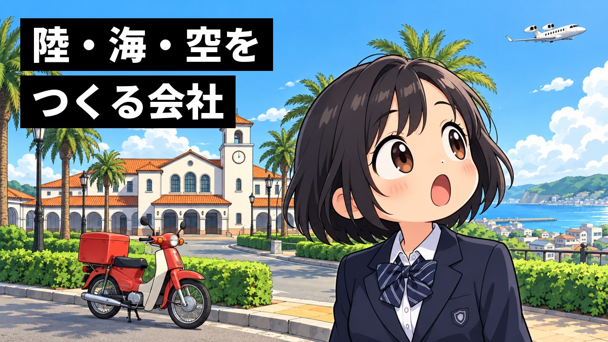 館山駅前で、制服の女子中学生が、配達の小さなバイクと空を飛ぶ小さなジェット機を見上げて、目を丸くして驚いている。「陸・海・空をつくる会社」の文字。
