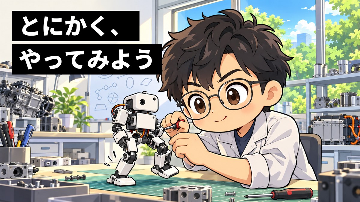 研究所の実験室で、作業着の若い男性の研究者が、作業台の上の手づくりの小さな歩くロボットを夢中になってのぞきこんでいる。「とにかく、やってみよう」の文字。