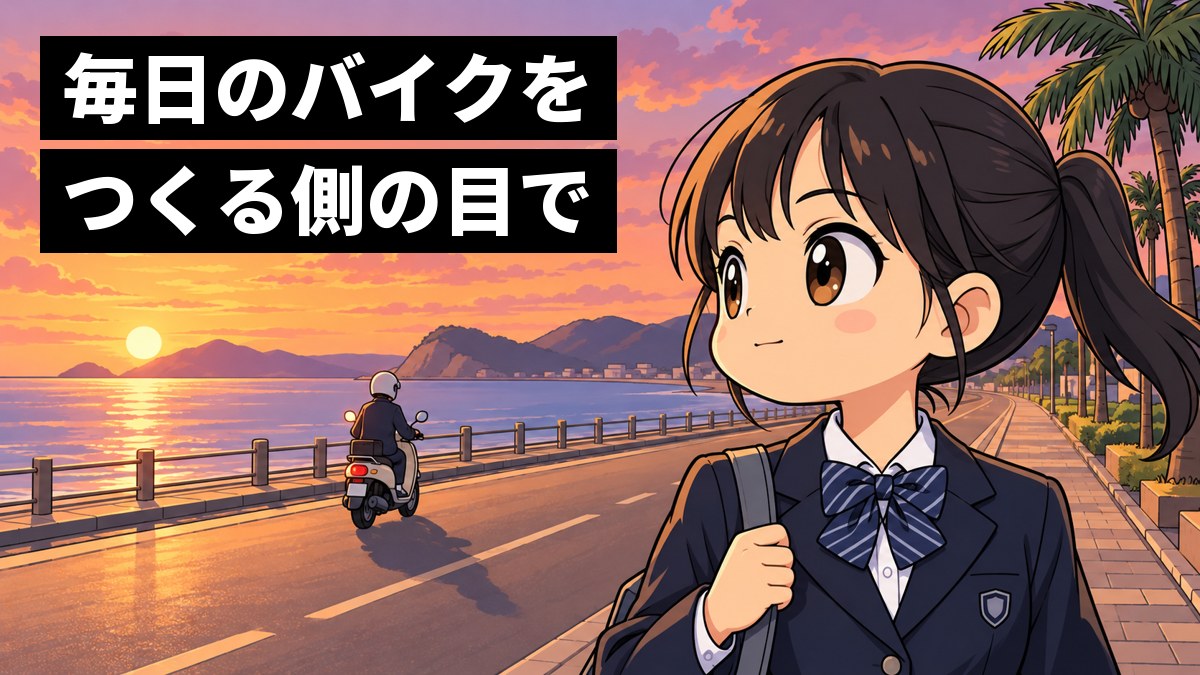 夕方の海辺の遊歩道で、制服の女子中学生が、通り過ぎる配達のバイクを見送りながら、口を結んで静かに誇らしげにうなずいている。「毎日のバイクをつくる側の目で」の文字。
