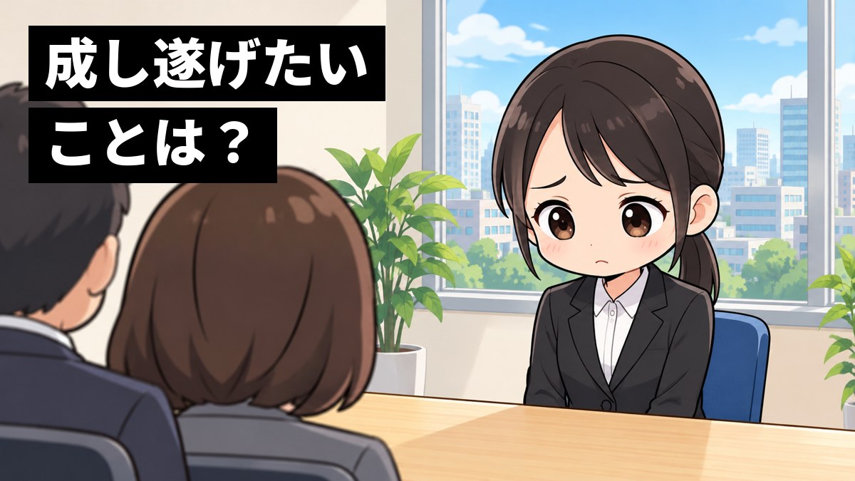 会社の面接の部屋で、就職活動のスーツを着た女子大学生が、質問の答えがすぐに出てこず、不安そうに眉を下げている。「成し遂げたいことは?」の文字。