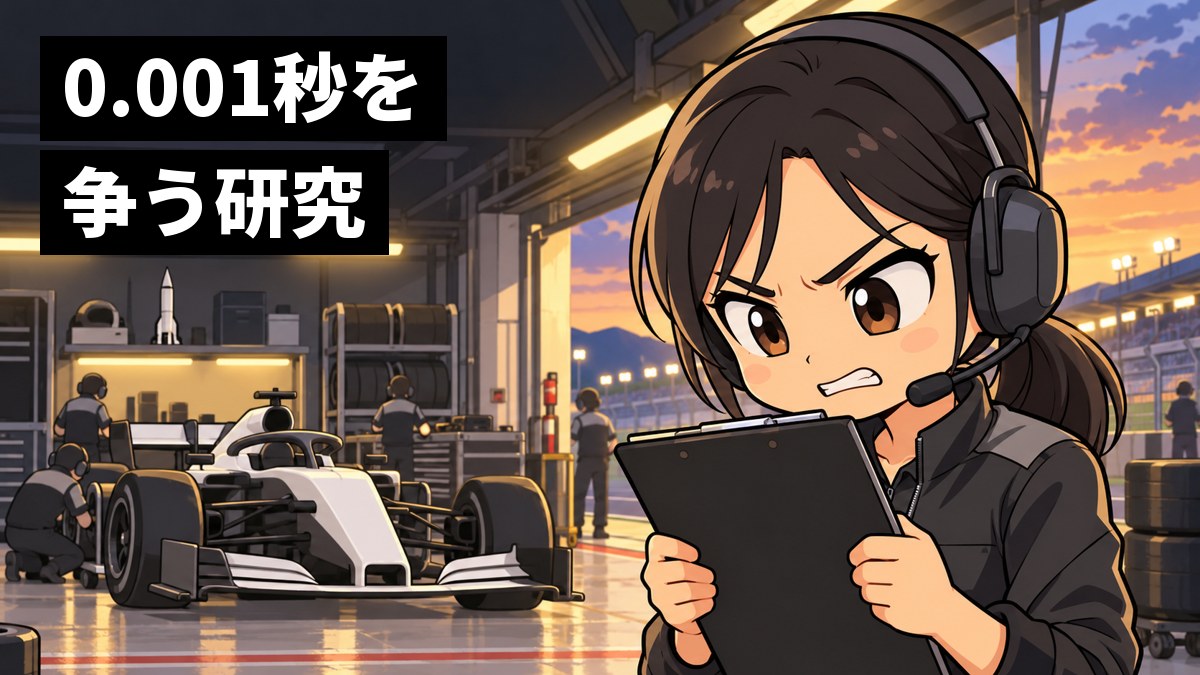 レース場のピットで、ヘッドセットを付けた若い女性の技術者が、手元のデータを見て悔しそうに歯を食いしばっている。後ろにはレースカーとロケットの模型。「0.001秒を争う研究」の文字。