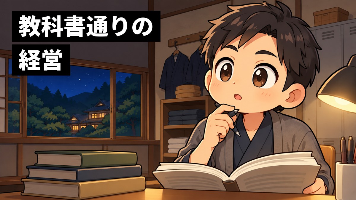夜の旅館のスタッフルームで、作務衣の上にカーディガンをはおった若い男性スタッフが、分厚い経営の本を開いてペンを持ち、ひらめいた顔をしている。「教科書通りの経営」の文字。