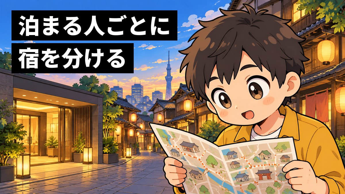 下町の夕方の路地にある街ナカのホテルの前で、カジュアルな制服の若い男性スタッフが、大きな手描きの地図を広げて夢中でのぞきこんでいる。「泊まる人ごとに宿を分ける」の文字。