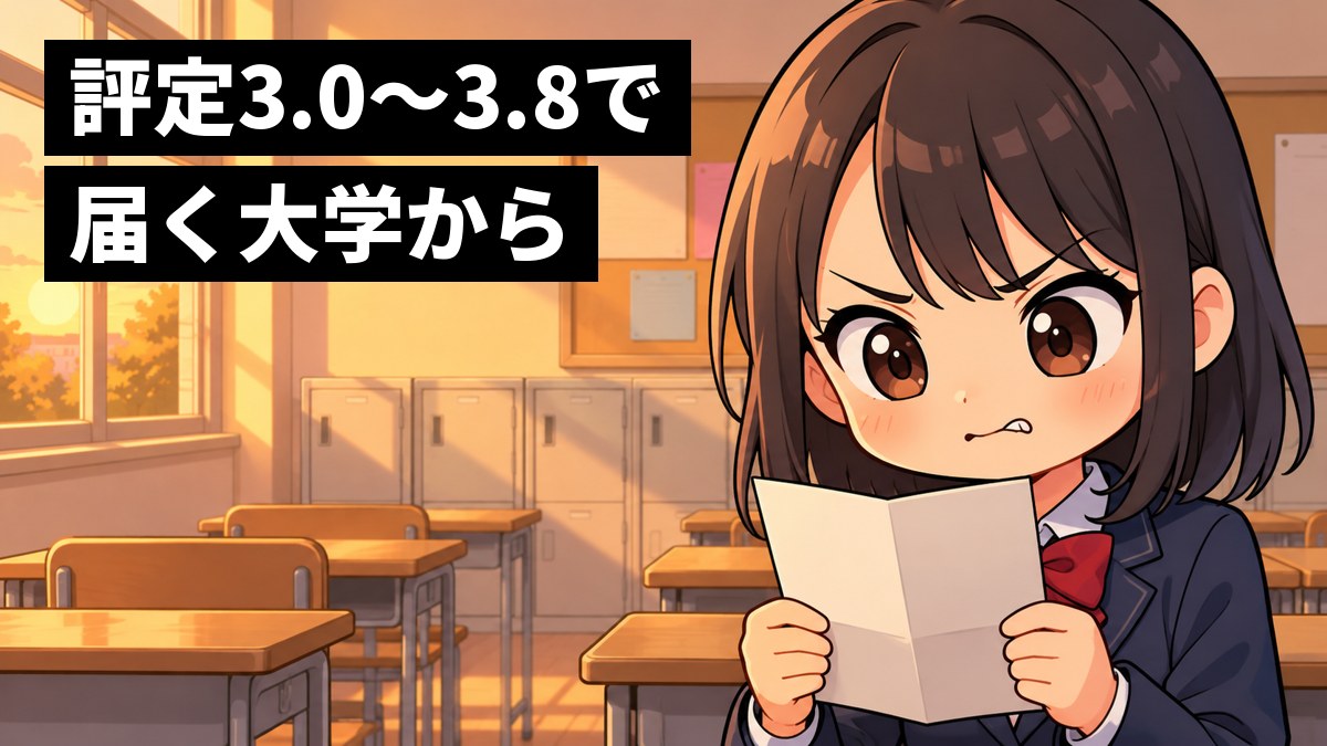 放課後の高校の教室で、ブレザーの制服の女子高校生が、返ってきた成績表を両手で持ち、悔しそうに唇をかんで眉を寄せている。「評定3.0〜3.8で届く大学から」の文字。