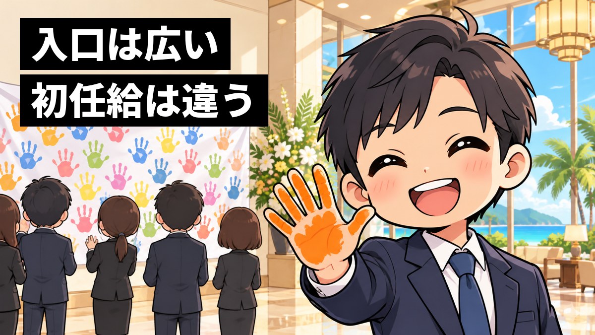 入社式の会場で、スーツの若い男性の新入社員が、白い布に手形を押し終えて、絵の具のついた手のひらを見せて誇らしげに笑っている。後ろには手形の並ぶ大きな白い布。「入口は広い、初任給は違う」の文字。