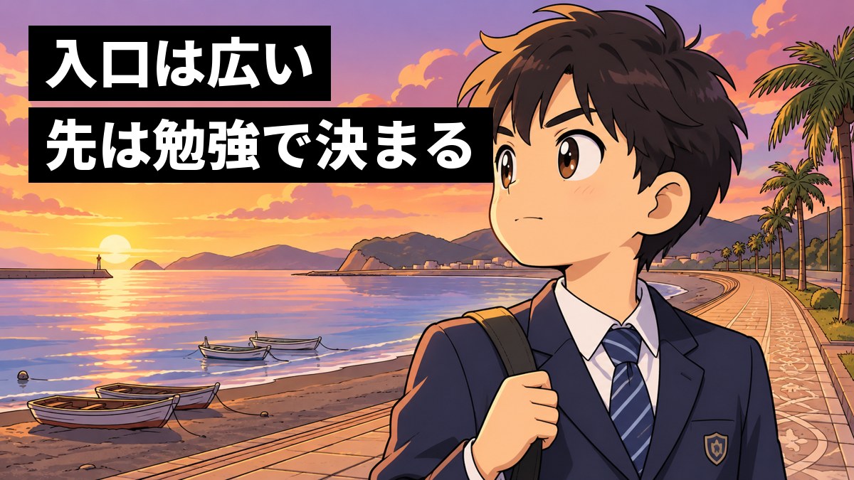 館山の海辺の遊歩道で、制服の中学生の男子が、カバンの肩ひもを握り、口を結んで海の向こうを見つめている。「入口は広い、先は勉強で決まる」の文字。