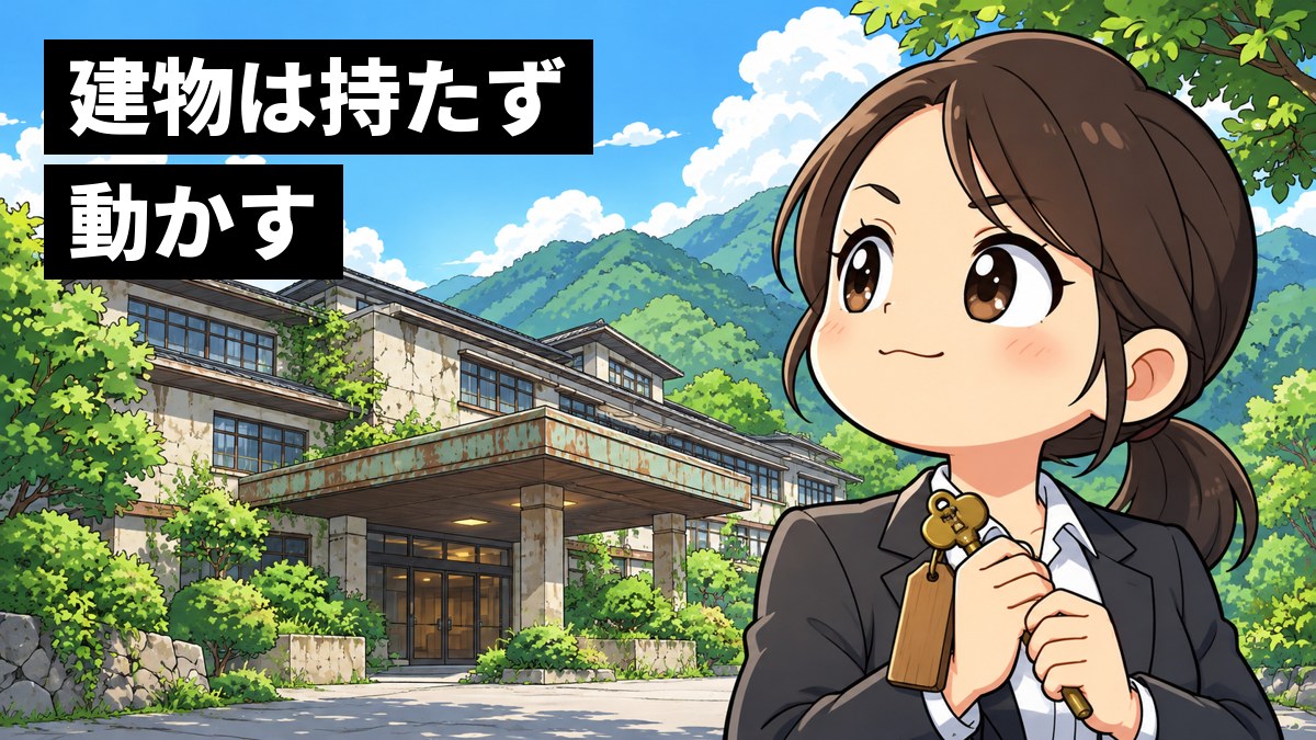 古くなった大きな温泉旅館の玄関の前で、スーツの若い女性が、渡された大きな古い鍵を胸の前で握りしめ、口を結んで建物を見上げている。「建物は持たず動かす」の文字。