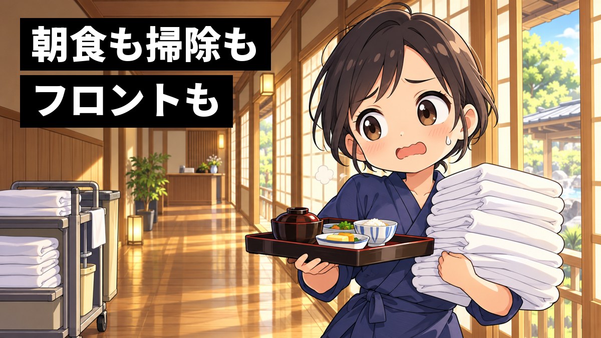 温泉旅館の廊下で、作務衣の若い女性スタッフが、たたんだシーツの山と朝食のお盆を両手に抱え、汗をにじませて困った顔で立ち止まっている。「朝食も掃除もフロントも」の文字。