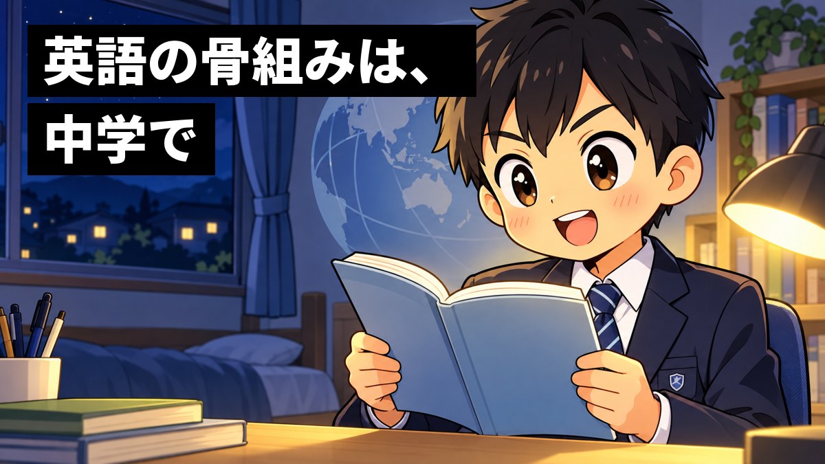 夜の自分の部屋の机で、制服の男子中学生が英語の教科書を両手で持ち、そこから浮かぶ地球と吹き出しを背に、夢中で声に出して音読している。「英語の骨組みは、中学で」の文字。