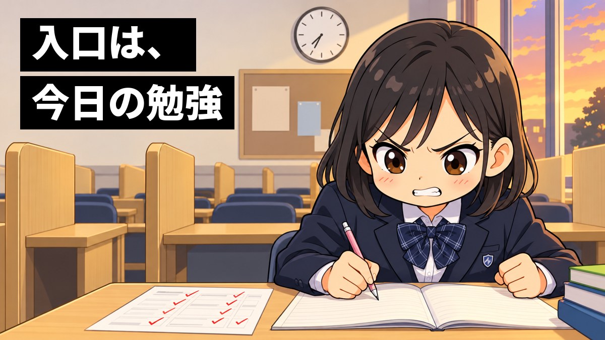塾の自習室の机で、制服の女子中学生が、赤い印の多い答案を横に置き、歯を食いしばってペンを握り直している。「入口は、今日の勉強」の文字。