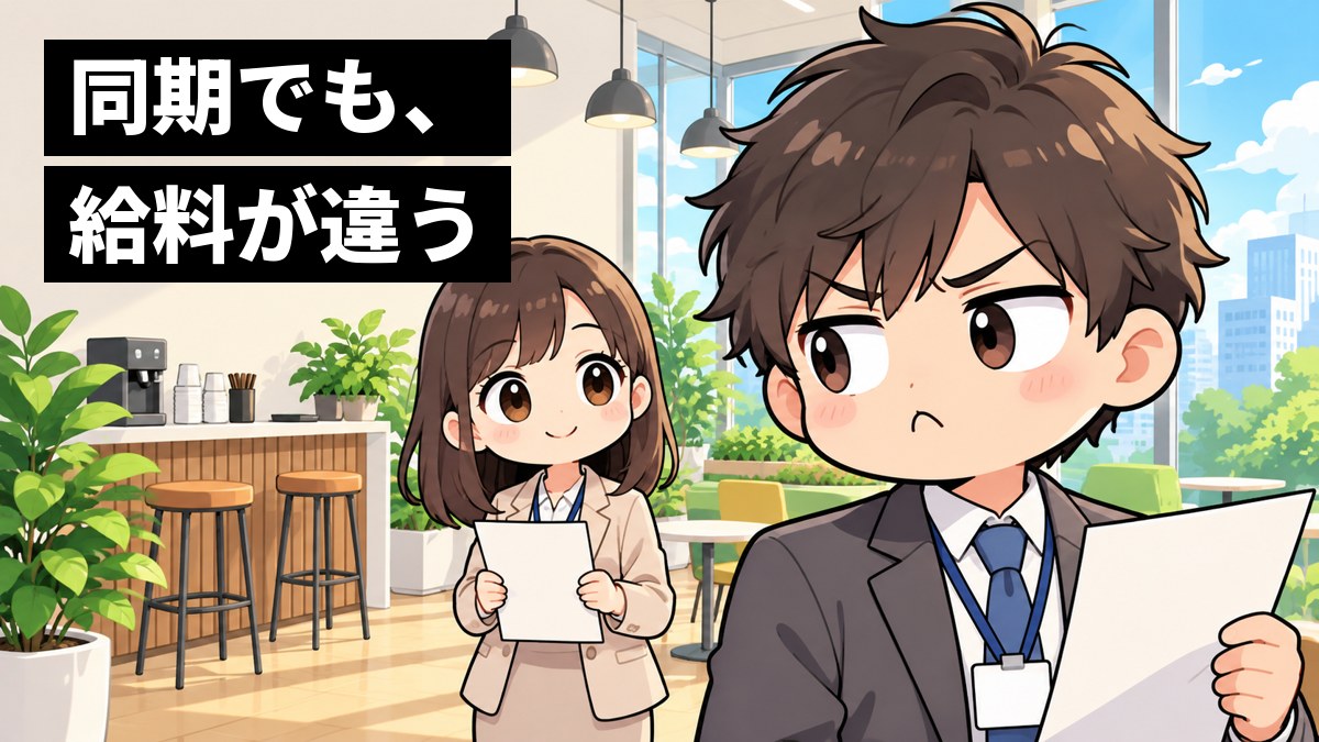 オフィスの休憩スペースで、スーツの新入社員の男性が、隣の同期と白い紙を見比べ、ほおをふくらませてむっとしている。「同期でも、給料が違う」の文字。