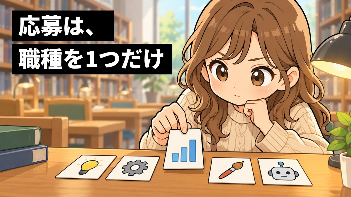 大学の図書館の机で、私服の女子大学生が、机に並んだ絵柄の違うカードから1枚を指でつまみ、真剣な顔で選んでいる。「応募は、職種を1つだけ」の文字。