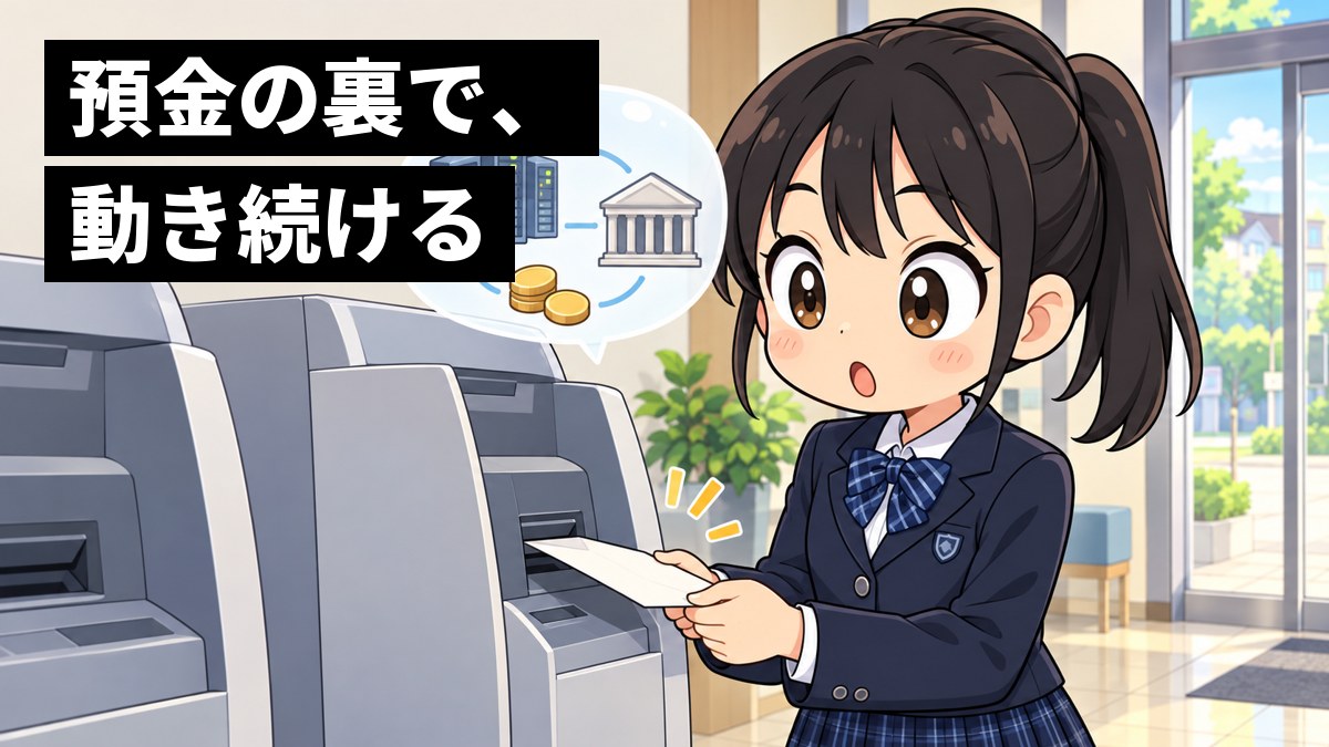 銀行のATMコーナーで、制服の女子中学生がお金をおろしながら、ATMから浮かぶ大きなコンピューターと銀行の建物の吹き出しを見て、目を丸くして驚いている。「預金の裏で、動き続ける」の文字。