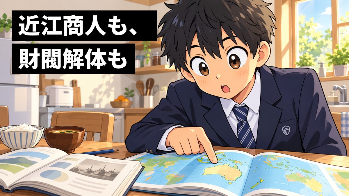 朝の家の台所のテーブルで、紺のブレザーの中学生の男の子が、社会の教科書と地図帳を開き、教科書の話と会社の話がつながったことにハッと目を見開いている。「近江商人も、財閥解体も」の文字。