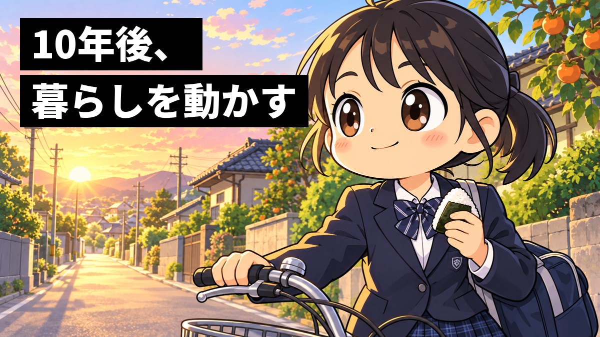 日の出の静かな住宅街の道を、紺のブレザーの中学生の女の子が、朝練に向かって自転車を押しながら、おにぎりを片手にワクワクした顔で前を見て歩いている。「10年後、暮らしを動かす」の文字。