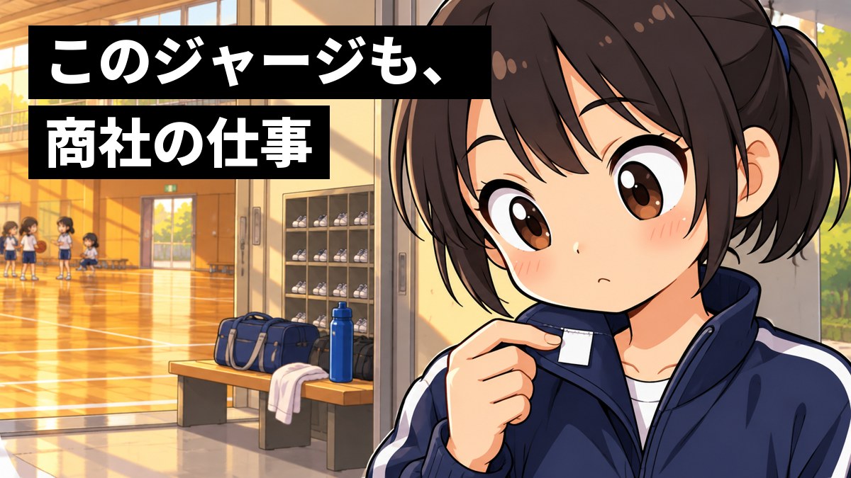 夕方の中学校の体育館の入り口で、紺のジャージを着た中学生の女の子が、部活のあとに自分のジャージの襟元のタグを裏返して、どこの会社かと興味しんしんでのぞきこんでいる。「このジャージも、商社の仕事」の文字。