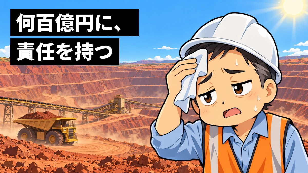 西オーストラリアの赤い大地の鉄鉱石の鉱山で、作業着とヘルメット姿の40代の日本人の社員が、照りつける日差しの中で汗をぬぐい、重い責任にぐったりとため息をついている。後ろには巨大なダンプカー。「何百億円に、責任を持つ」の文字。