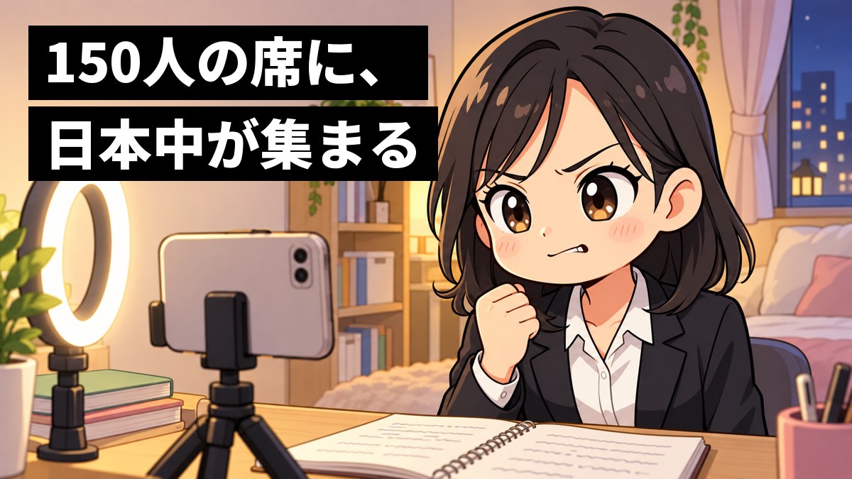 夜のワンルームの部屋で、白いシャツの女子大学生が、三脚に立てたスマートフォンに向かって自己紹介の動画を撮り直そうとしている。うまく言えずに唇をかみ、もう一度と気合を入れている。「150人の席に、日本中が集まる」の文字。