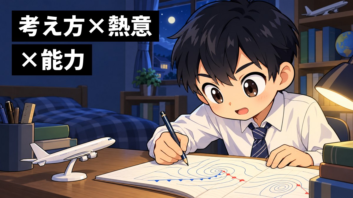 夜の自分の部屋の机で、制服の男子中学生が天気図のノートと小さな飛行機の模型を前に、前のめりで夢中になって書き込んでいる。「考え方×熱意×能力」の文字。