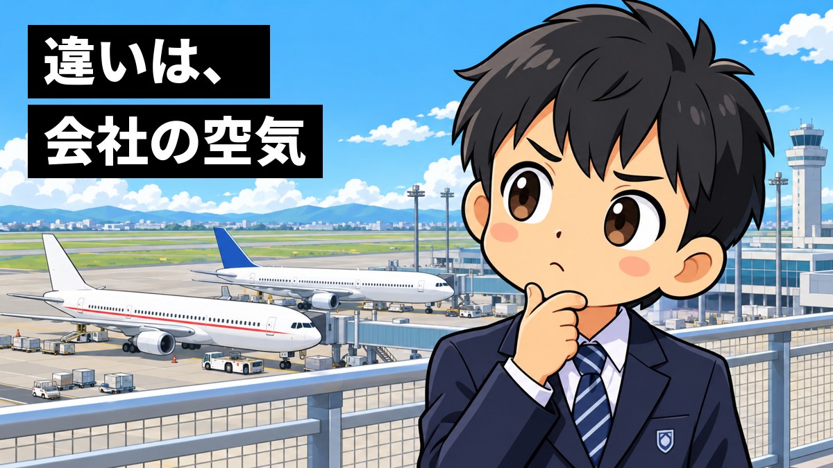 空港の展望デッキで、制服の男子中学生が、白に赤い線の飛行機と白に青い尾翼の飛行機を見比べ、あごに手を当てて首をかしげている。「違いは、会社の空気」の文字。