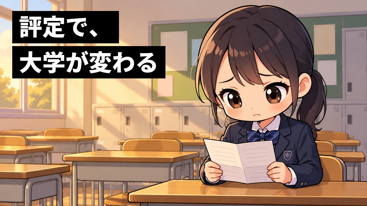夕方の教室の自分の席で、制服の女子生徒が返ってきた成績の紙を両手で持ち、しょんぼりと眉を下げて見つめている。「評定で、大学が変わる」の文字。