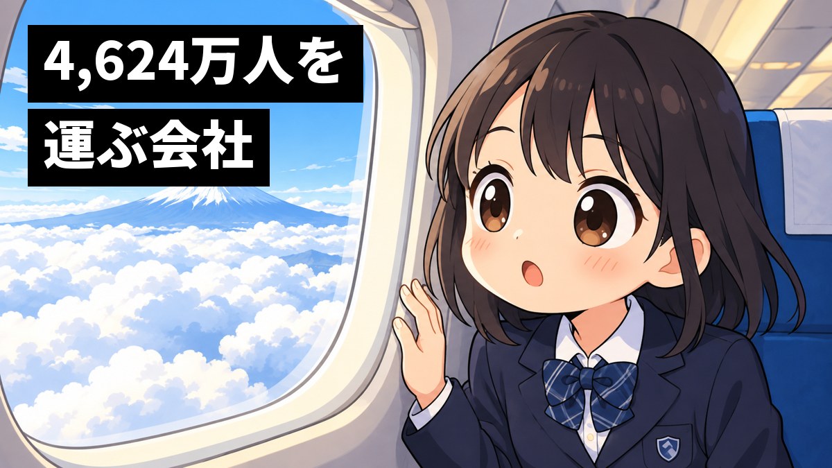 飛行機の窓側の席で、制服の女子中学生が窓に顔を寄せ、雲の上にのぞく富士山を目を丸くして見つめている。「4,624万人を運ぶ会社」の文字。