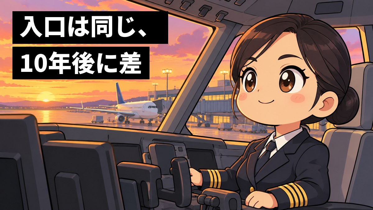大きな旅客機の操縦席で、紺の制服に金の線が4本入った30代の機長の女性が、口を結んだまま誇らしげに胸を張っている。窓の外は夕焼けの空。「入口は同じ、10年後に差」の文字。