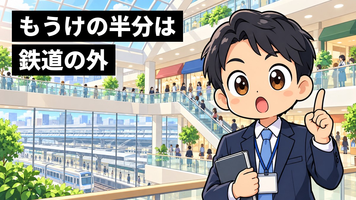 にぎやかな駅ビルの吹き抜けで、スーツの若い男性社員が、行き交う買い物客と駅の中のお店を見回し、ひらめいて目を見開き、人差し指を立てている。「もうけの半分は鉄道の外」の文字。