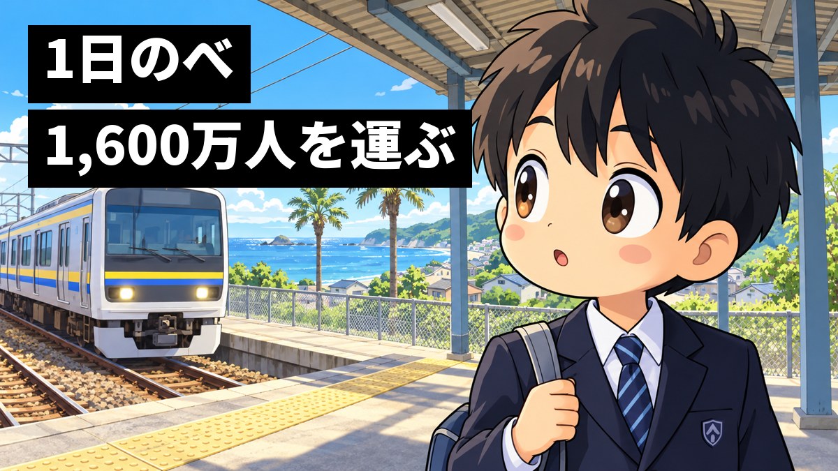 晴れた朝の小さな駅のホームで、制服の男子中学生が、白い車体に青と黄色の帯の電車が入ってくるのを、目を輝かせて見とれている。「1日のべ1,600万人を運ぶ」の文字。