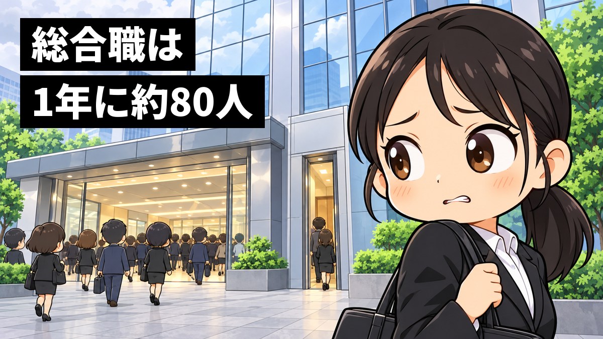 大きな会社のビルの前で、就活スーツの女子大学生が、小さな入口と大きな入口が並ぶのを見上げ、眉を下げて不安そうに唇をかんでいる。「総合職は1年に約80人」の文字。