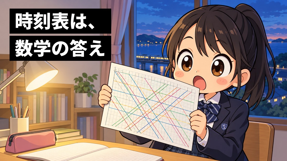 自分の部屋の机で、制服の女子中学生が、何本もの斜めの線が交わる列車のダイヤの図のような紙を手に、ひらめいて目を見開き口を開けている。「時刻表は、数学の答え」の文字。