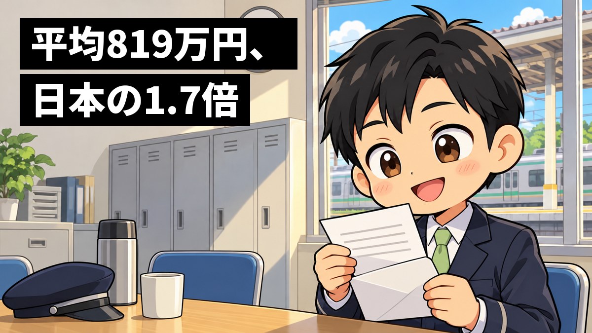 駅の事務室の休憩スペースで、紺の制服の若い男性駅員が、初めての給与明細の封筒を両手で持ち、ほっとして顔をほころばせている。「平均819万円、日本の1.7倍」の文字。