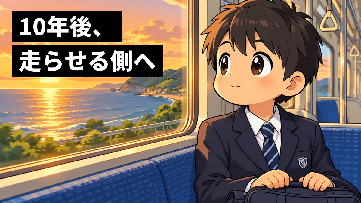夕方の海沿いを走る電車の中で、制服の男子中学生が、窓の外の夕日と海を見つめ、期待に胸をふくらませて目を輝かせている。「10年後、走らせる側へ」の文字。