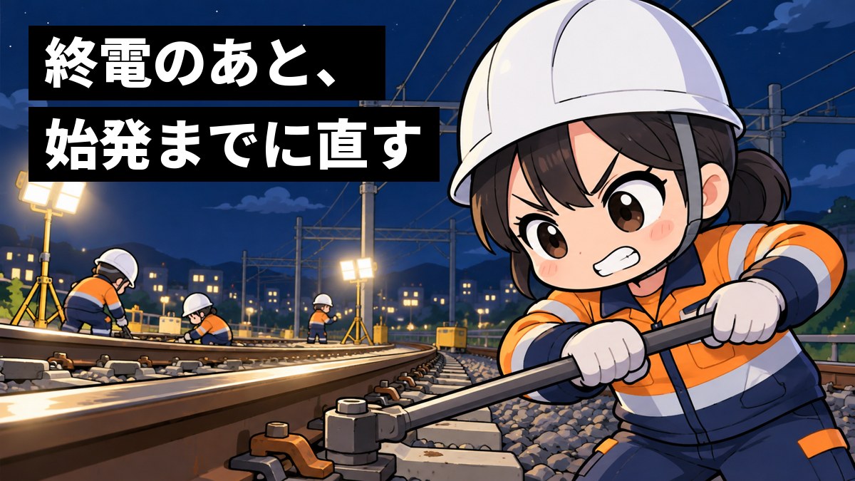 夜中の線路の上で、ヘルメットと反射材の作業服の若い女性社員が、投光器の光の中で大きな工具を両手で握り、歯を食いしばって眉をつり上げている。「終電のあと、始発までに直す」の文字。