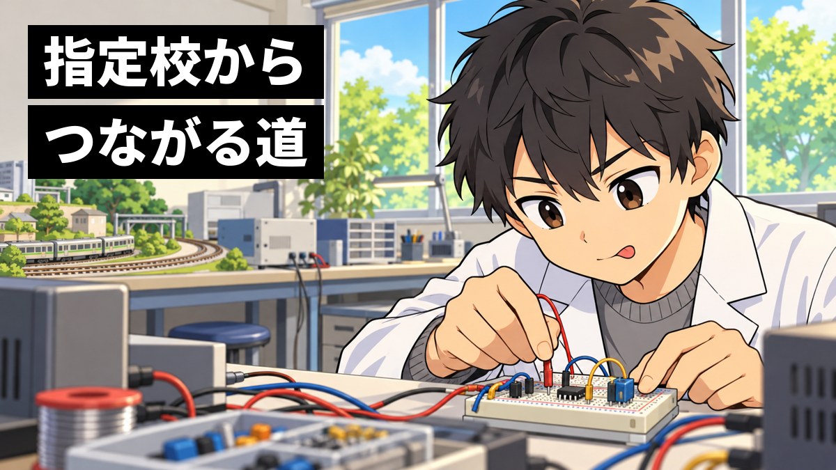 大学の工学部の実験室で、白衣の男子大学生が、電気回路の実験ボードに配線をつなぎながら、目を細めて夢中で集中している。「指定校からつながる道」の文字。