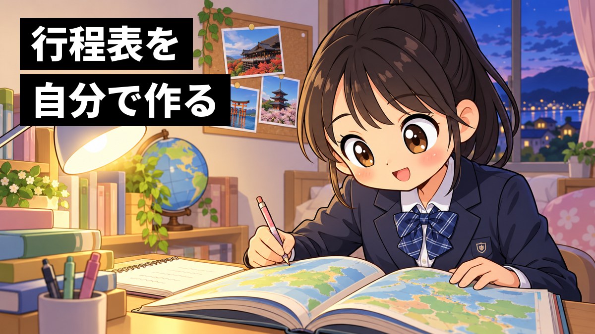 自分の部屋の机で、制服の中学生の女の子が地図帳とノートを広げ、鉛筆を持って修学旅行の班の行程を考えることに夢中になっている。「行程表を自分で作る」の文字。