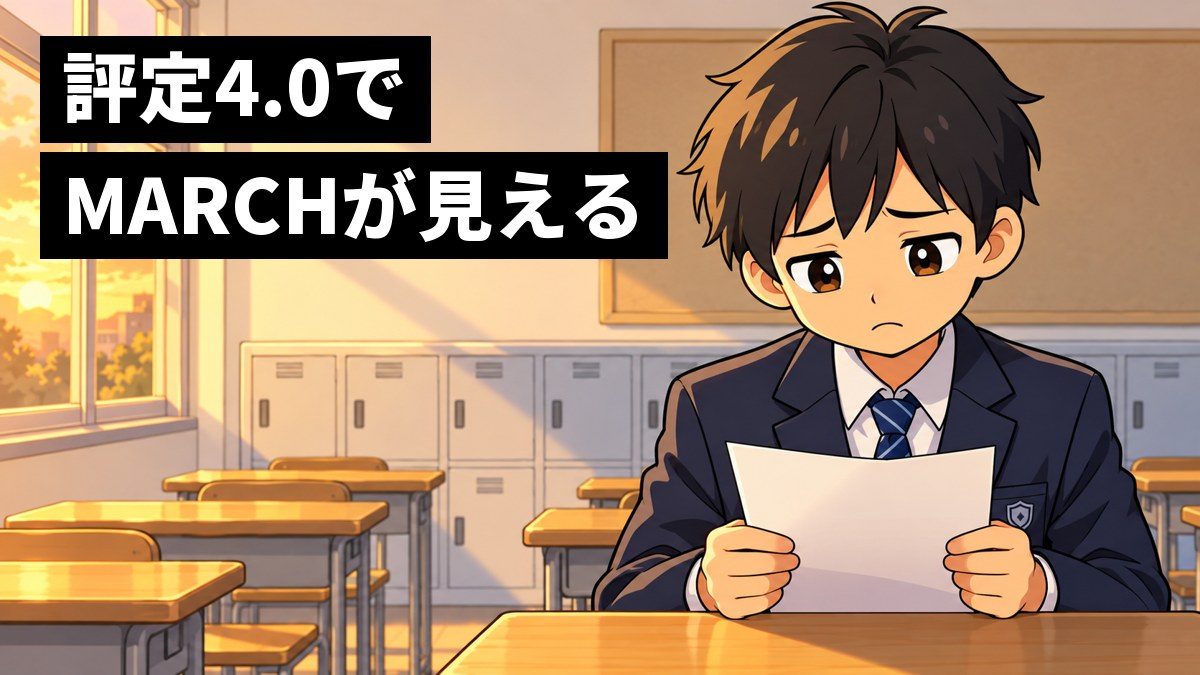 夕方の教室の後ろの壁を背に、制服の男子生徒が返ってきたテストの答案を手に、肩を落としてしょんぼりしている。「評定4.0でMARCHが見える」の文字。