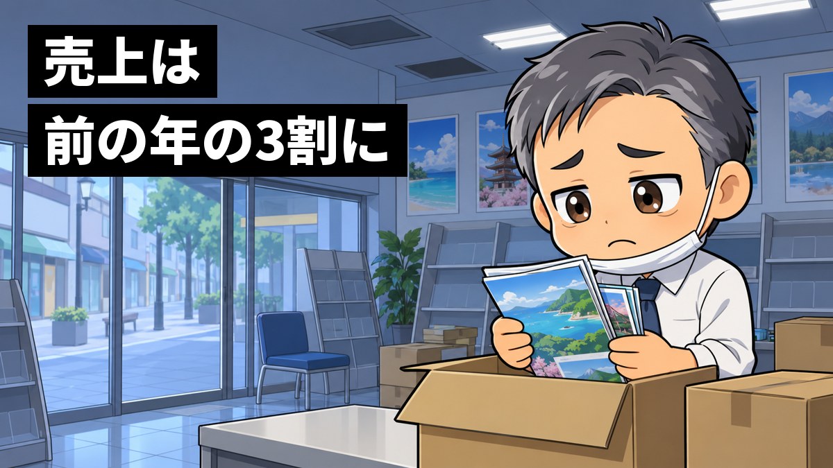 照明の半分消えた旅行会社の店で、マスクをあごに下げた中年の男性社員が、パンフレットを段ボール箱に詰める手を止めて、さみしそうにうつむいている。「売上は前の年の3割に」の文字。
