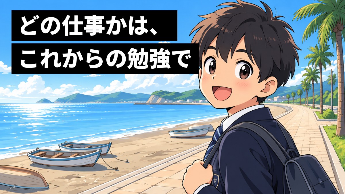 館山の北条の海辺の遊歩道で、制服の中学生の男の子が振り返り、晴れやかに笑っている。後ろには海と青い空。「どの仕事かは、これからの勉強で」の文字。