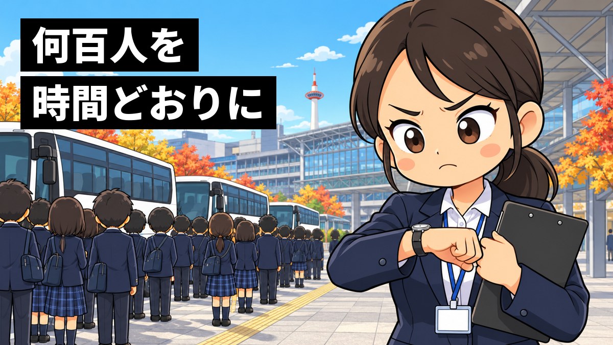 京都の駅前のバス乗り場で、紺のジャケットに名札の旅行会社の女性社員が、クリップボードを胸に、眉を寄せて腕時計をにらんでいる。後ろには並んで待つ制服の中学生の後ろ姿と観光バス。「何百人を時間どおりに」の文字。