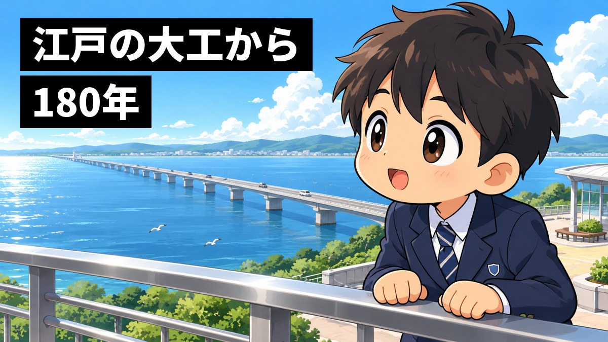 晴れた日、海の上の休憩所の展望デッキで、制服の男子中学生が手すりから身を乗り出し、海の上にまっすぐのびる長い橋をワクワクした顔で見つめている。「江戸の大工から180年」の文字。